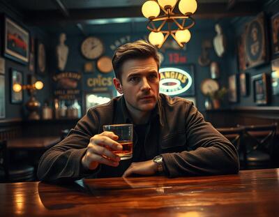 Мужчина выпивает алкоголь в баре