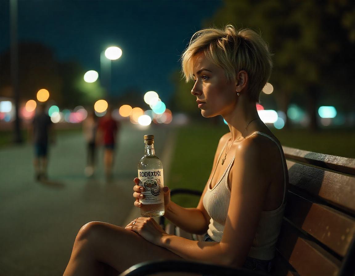 Женщина пьет алкоголь на улице