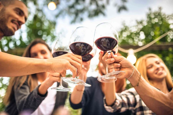 компания молодых людей с бокалами 